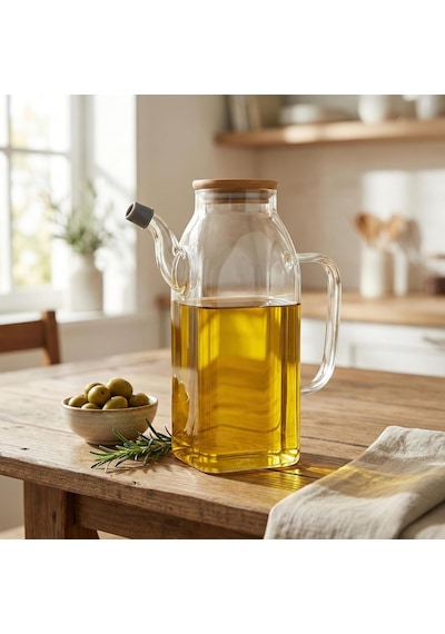 Deconox 1000ml Bambu Kapaklı Cam Yağlık Ve Sirkelik Dayanıklı Ve Şeffaf Sıvı & Mutfak İçin Hassas Sıvı Ölçüm Ve Saklama Çözümü 1000ml - Cam Sürahi Sıvı Ölçü Kabı