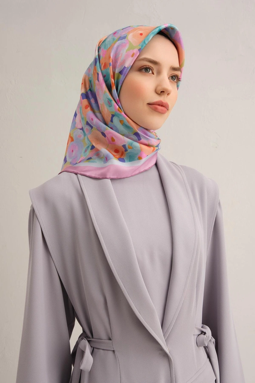 Armine Çiçek Desenli Saf İpek Twill Eşarp 9300d 06 Lila