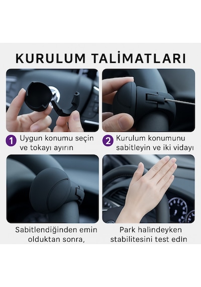 Polham Araç Direksiyon Topuzu 360 Dönebilir, Direksiyon Çizmez, Tüm Araç Direksiyonlarına Uyumlu Siyah