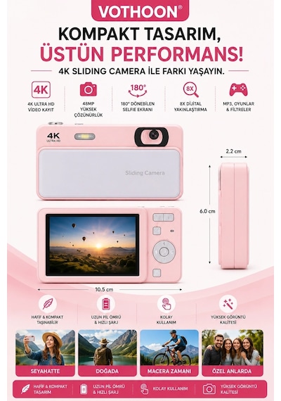 Dijital Kamera 4k Hd 48mp 16x Zoom Flaşlı Kayar Retro Video Kamera 2.8 Ekran 64gb Sd Kart li Pembe