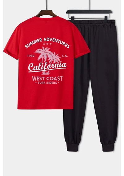 Uyguntarz Unisex California Baskılı 2'li Eşofman Takımı Kırmızı