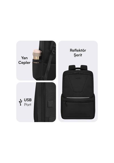 Office Eco Mce-1213 Çevre Dostu 16 İnç Su İtici Laptop Sırt Çantası, Usb Şarj Portlu Bilgisayar Ve Notebook Çantası, Kadın Erkek Bilgisayar İş Çantası, Üniversite Okul Çantası, Siyah