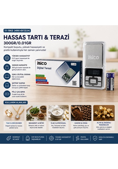 Mini 6x12cm Hassas Tartı - Terazi 300gr/0.01gr Şeffaf Pls.kapaklı - Pilli 2pcs İnce 5570