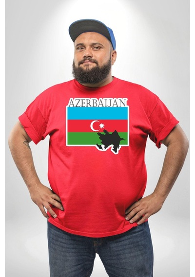 Angemiel Azerbeycan Bayrak Ülke Kırmızı Büyük Beden Erkek Kadın Unisex Basic Ön Baskılı Tişört Kırmızı