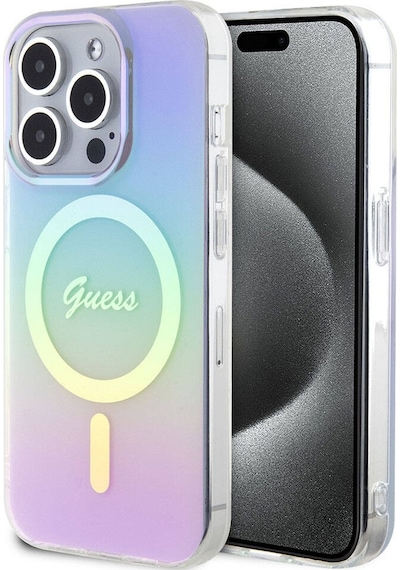 Apple Uyumlu iPhone 15 Pro Kılıf Guess Lisanslı Magsafe Şarj Özellikli Yazı Logo Iridescent Siyah