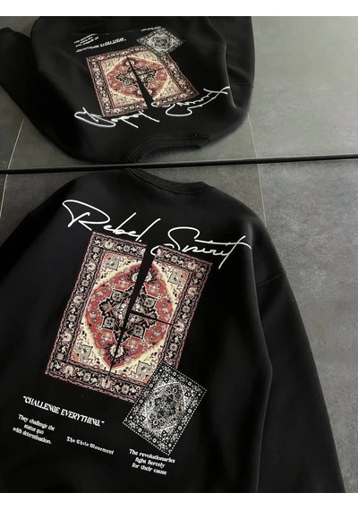 Kadın Bisiklet Yaka Kilim Halı Baskılı 3 İplik Pamuklu Sweatshirt - Siyah
