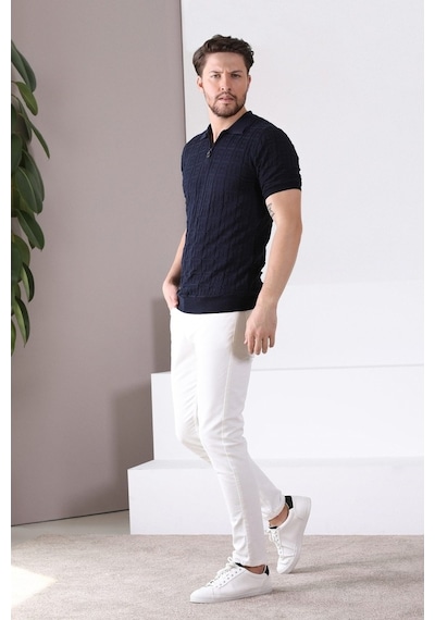 Ferraro Lacivert Polo Yaka Fermuarlı Erkek Pamuk Triko T-Shirt-Lacivert (417942239) Lacivert