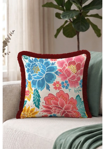 Çiçek Desenli Renkli Şakayık Saçaklı Yastık Kılıfı - Floral Etnik Mavi Bordo Püsküllü Kırlent Kılıfı Gri