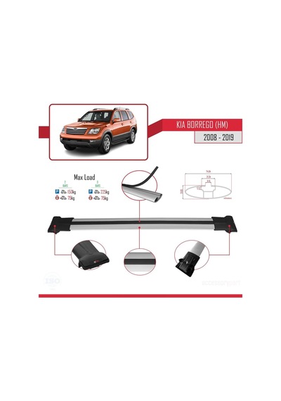 Kia Borrego Hm 2008-2019 Arası İle Uyumlu Fly Model Ara Atkı Tavan Barı Gri