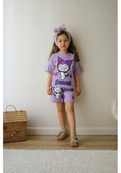 Miniko Kids Kız Çocuk Kuromi Modelli Bisiklet Yaka Pamuk Şortlu Takım Lila