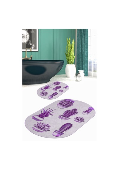 Buççin Online Mağaza Baskılı Kaymaz Taban Yıkanabilir Kaktüs Desen Oval Banyo Paspası 2'li Klozet Takımı Polyester Çok Re Çok Renkli