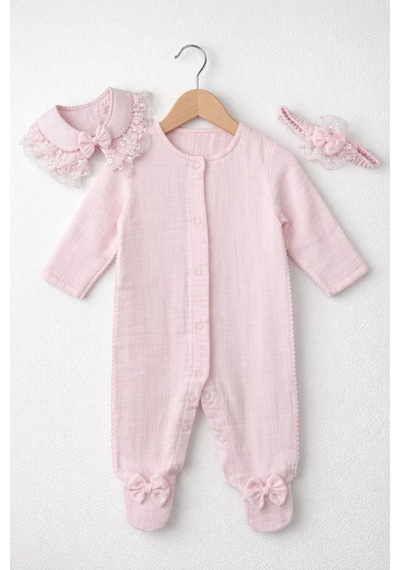 Kardeşler Bebe Fiyonk Ve Dantel Detaylı Çıkarılabilir Yaka Kız Bebek Patikli Tulum + Saç Bandı Pembe