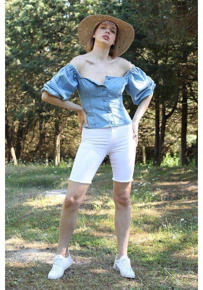 Blue White Kadın Bermuda Jean Şort BEYAZ