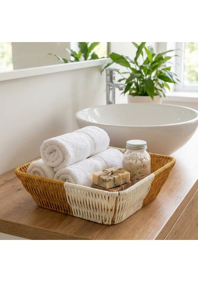 Buffer Kare Çift Renkli Plastik Rattan Ekmek Ve Meyve Sepeti - Çok Amaçlı Banyo Ve Mutfak Düzenleyici - Yıkanabilir Tez Beyaz - Kahverengi