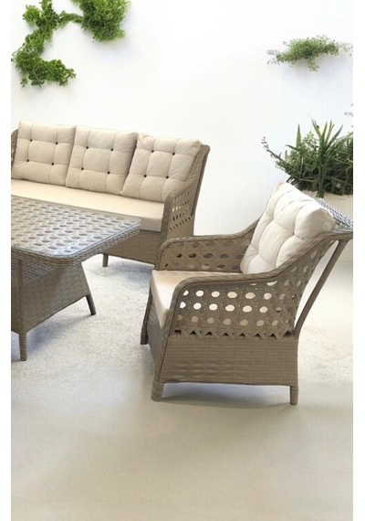 Garden House Alüminyum Kapuçino Rattan Krem Kumaşlı Bahçe Koltuk Takımı 3 1 1 2 Puf Masa Bahçe Mobilyası Krem