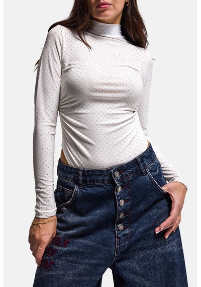 Kadın Beyaz W6-101 Çıt-çıtlı Parlak Taşlı Uzun Kol Esnek Kumaş Tasarım Body