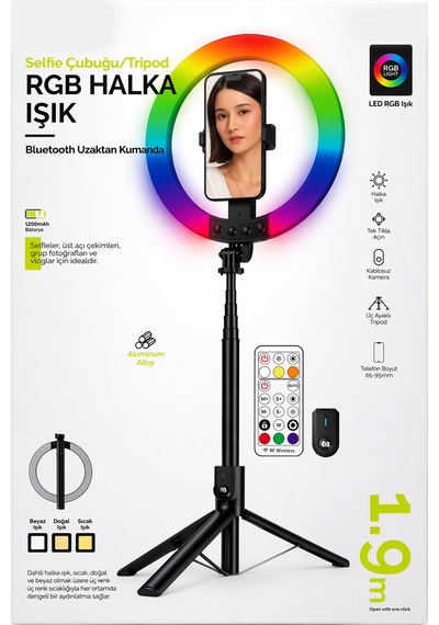 Exenar - Siyah - Rgb Halka Işık Uzun Tripod Selfie Çubuğu 1.9m-1200 Mah Şarjlı Kumandalı Ring Light Telefon Tutucu