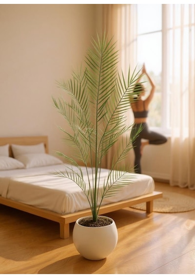 Yapay Ağaç 20 Yaprak Palmiye Ağacı Beyaz Küre Saksıda 130 60cm
