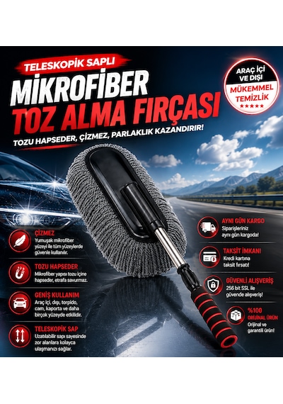 Mikrofiber Püsküllü Araç Yıkama Ve Toz Alma Fırçası Teleskopik Saplı