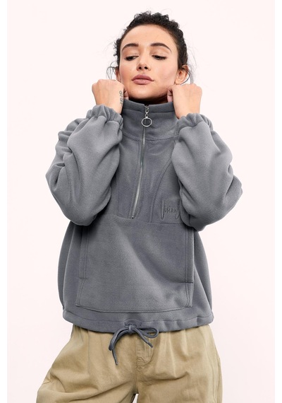 Tommy Life Gri Melanj Yarım Fermuar Etek Ucu Büzgülü Kadın Polar Oversize Sweatshirt - 97171 Gri Melanj