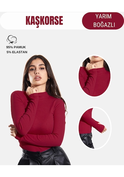 Alya Underwear Kaşkorse Yarım Boğaz Body Sweatshirt, Fitilli Kumaş, Likralı, Bordo Bordo