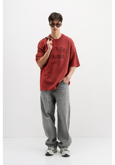 Vamos Oversize Baskılı Tişört V70-148 Bordo