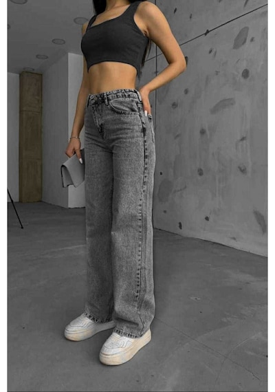 Woddi Antrasit Salaş Çnr Kadın Yüksek Bel Palazzo Jeans Likralı Esnek Kot Pantolon Yeni Hsn-2 Füme