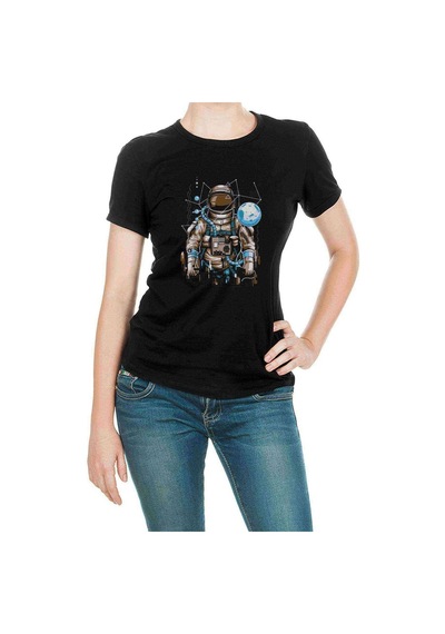 Astronot Uzay Karışık Baskılı Siyah Kadın Tshirt