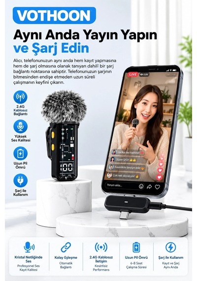 Yüksek Kalite Kablosuz Yaka Mikrofonu - Type-c Lightning Uyumlu Profesyonel Anc Özellikli