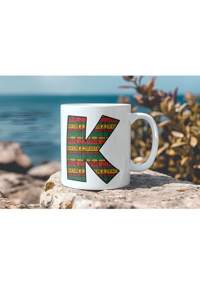 K Harfi Etnik Desenli Kupa - Afrika Tarzı Kahve Çay Kupası - Hediyelik - Black History Beyaz