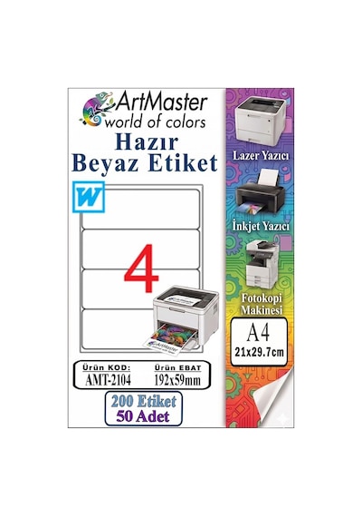 A4 Hazır Beyaz Etiket 192x59 Mm 4 Lü 50 Sayfa 1 Paket Kendinden Yapışkanlı Fotokopi Lazer İnkjet Kağıdı Yazıcılar