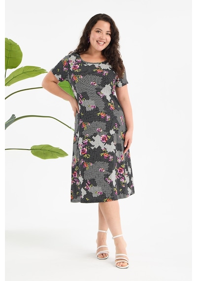 Madwilo Kadın Siyah Beyaz Floral Petek Desen Büyük Beden Esnek Midi Elbise