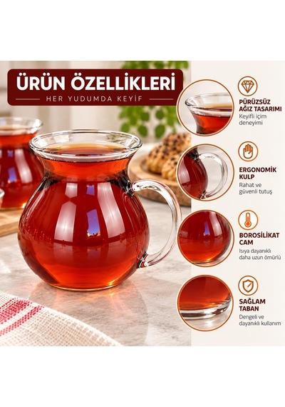 Orret Home Keyfi Ala 6'lı Borosilikat Cam Çay Bardağı Seti, 200ml