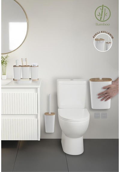 Duvara Yapışkanlı Gerçek Bambu Beyaz 6'lı Safir Banyo Seti Beyaz