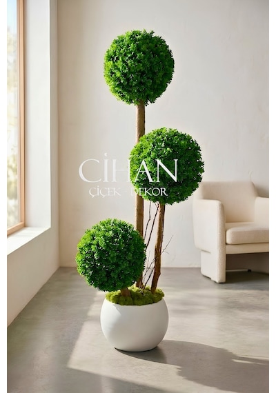Yapay 3'lü Şimşir Top Ağacı 150 Cm 35 Cm Çap Uv Dayanımlı 27x33 Beyaz Küre Saksı