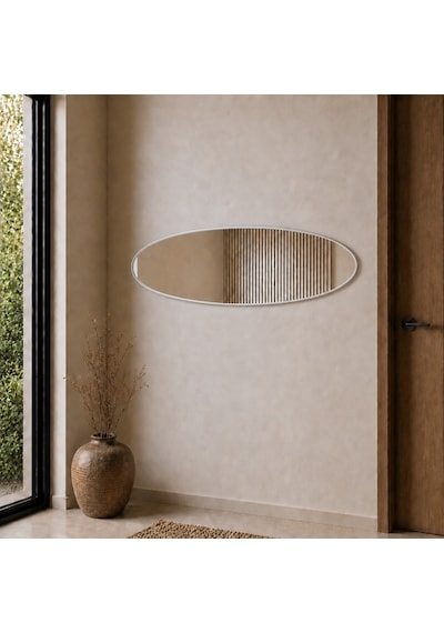 Modern Oval Boy Aynası 40x120 Cm İnce Çerçeveli Minimalist Dekoratif Duvar Aynası Gümüş
