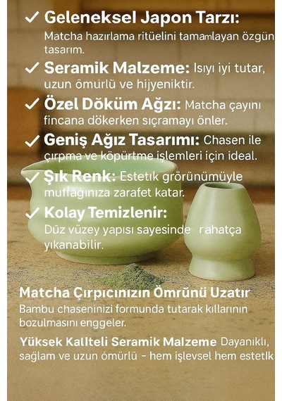 Seramik Chawan Matcha Çayı Köpürtme Kasesi Ve Whisk Matcha Tutucu Mt216 Yeşil