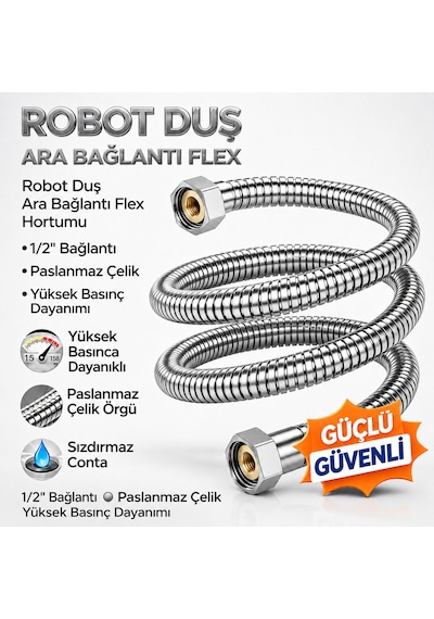 Robot Duş Ara Bağlantı Hortumu 60 Cm Flex Hortum Paslanmaz Çelik Örgülü Yüksek Basınçlı Gümüş