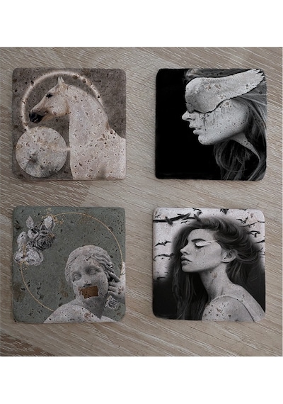 Tasarım Heykel At Ve Kadın Portreler Doğal Taş Bardak Altlığı 4'lü Set - Natural Stone Coasters - Taş Siyah