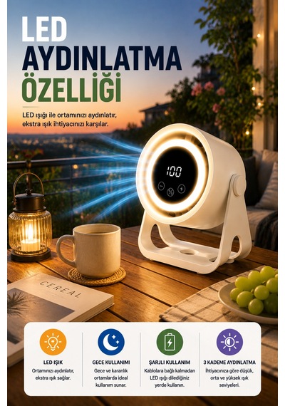 6 Kademeli Şarjlı Masaüstü Fan Dijital Ekranlı Led Işıklı Duvara Monte Askılı Mini Fan K6 Model