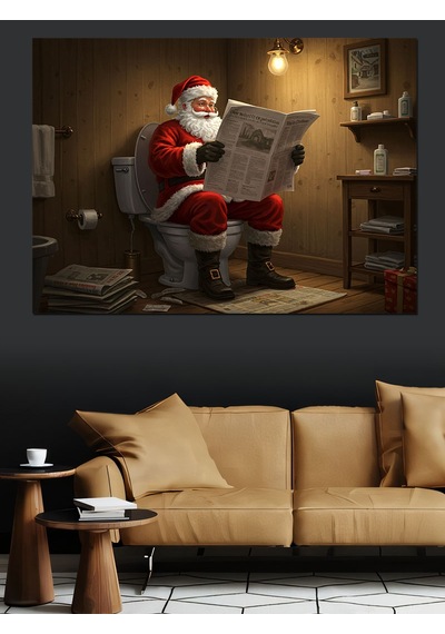 Tuvalette Gazete Okuyan Noel Baba Dekoratif Kanvas - Mdf Ahşap Tablo