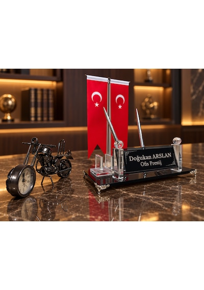 Velora 3 Parça Kristal Ofis Seti Kişiye Özel İsimlik Türk Bayraklı Motosiklet Saatli Siyah