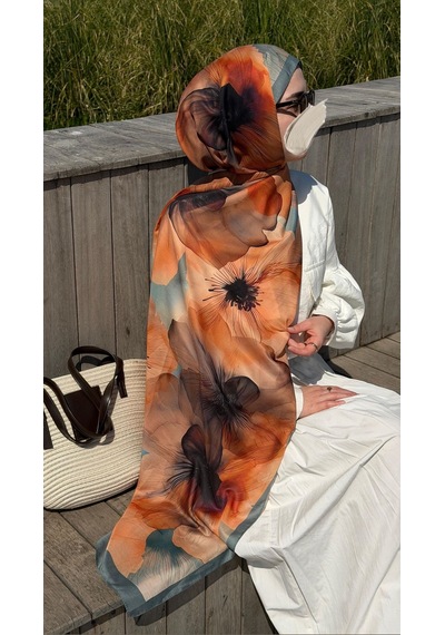 Qalortex Scarf Pamuklu Rosaly Desen Şal-mint/orange