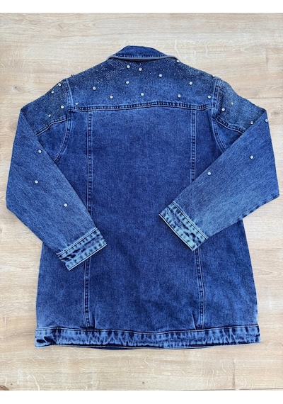 Büyük Beden Yakalı Taş Detaylı Cepli Kadın Denim Ceket Mavi