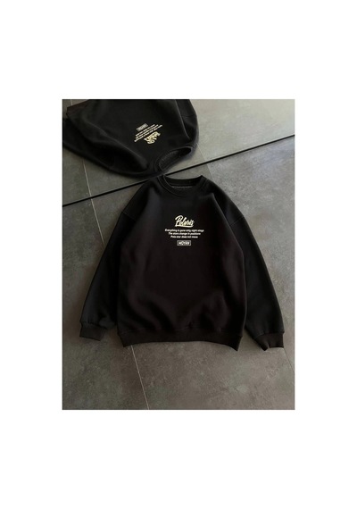 Kadın 3 İplik Pamuklu Bisiklet Yaka Baskılı Sweatshirt - Siyah