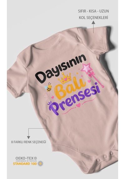 Morivokids Dayısının Ballı Prensesi Kısa Kollu Bebek Body %100 Pamuk Pastel Pembe