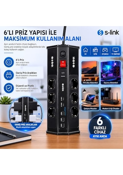 S-link Prz03 Prizhive 3 Metre 630 Joule 3x1.5mm 2xusb 2xtype C 2.4a/5v 250v 16a/3860w 6 Lı Akım Ve Çocuk Korumalı Priz, 16a Sigortalı Yıldırım Korumalı Priz