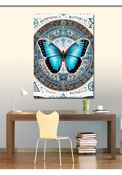 Kanvas Tablo Mavi Kelebek Ve Desenli Çerçeve 50cmx70cm