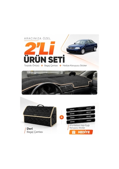 E-biz Volkswagen Passat B5.5 2000-2005 Uyumlu Torpido Örtüsü + Deri Çanta - Siyah-bej - Vw015