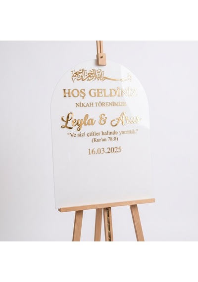 Beyaz Akrilik Düğün Karşılama Panosu 50x80 Cm Gold Yazılı Büyük Boy
